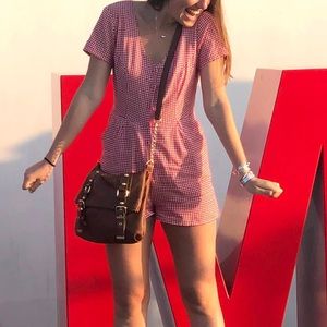Zara Red and White Checkered Short Sleeve Romper